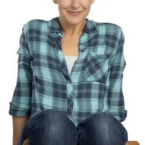 Becky in a blue and teal plaid shirt